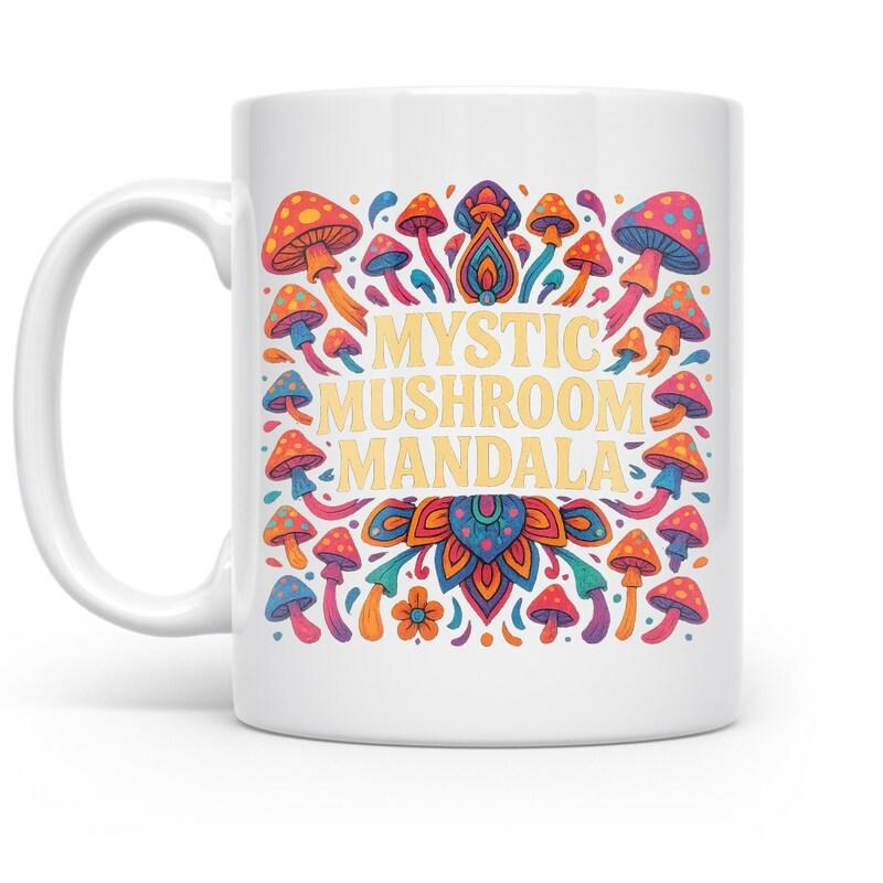 Tailorly White Ceramic 11 oz Mug - Mystic Mushroom Mandala Vibrant Colorful Fungi Arranged In Artistic Folk Art Symmetrical Pattern Mushroom
