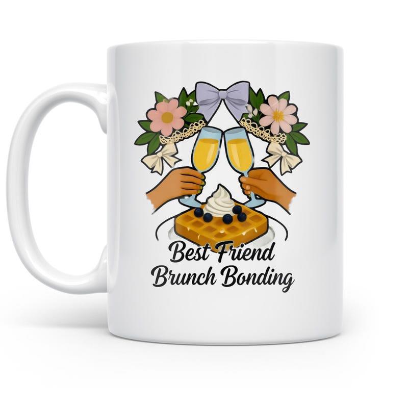 Tailorly White Ceramic 11 oz Mug - Best Friend Brunch Bonding Clinking Champagne Glasses Over A Delicious Waffle With Creamy Toppings Mug