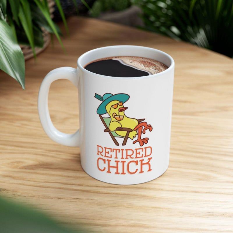 Tailorly White Ceramic 11 oz Mug - Retired Chick Relaxed Yellow Bird Wearing Sun Hat Resting On A Beach Chair Chick