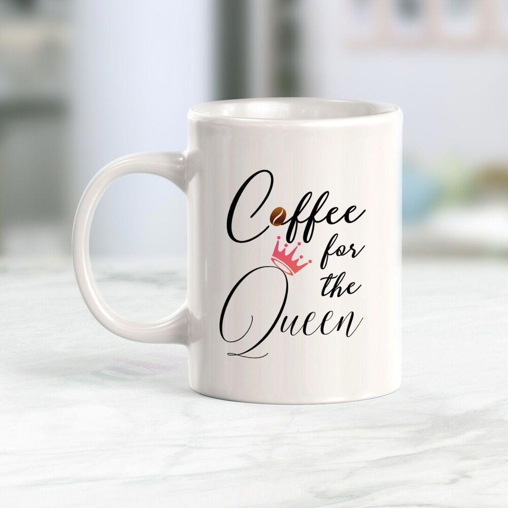 Tailorly White Ceramic 11 oz Mug - Coffee For The Queen Elegant Pink Crown Floating Above Beautiful Hand Lettered Script Text Crown