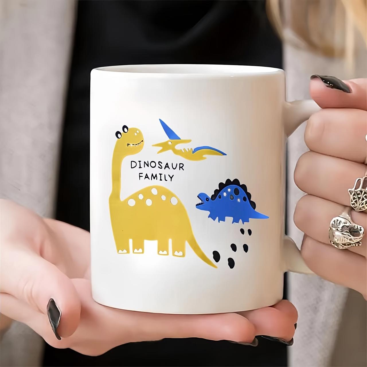 Tailorly White Ceramic 11 oz Mug - Dinosaur Family Cute Yellow And Blue Prehistoric Cartoon Creatures Dinosaur