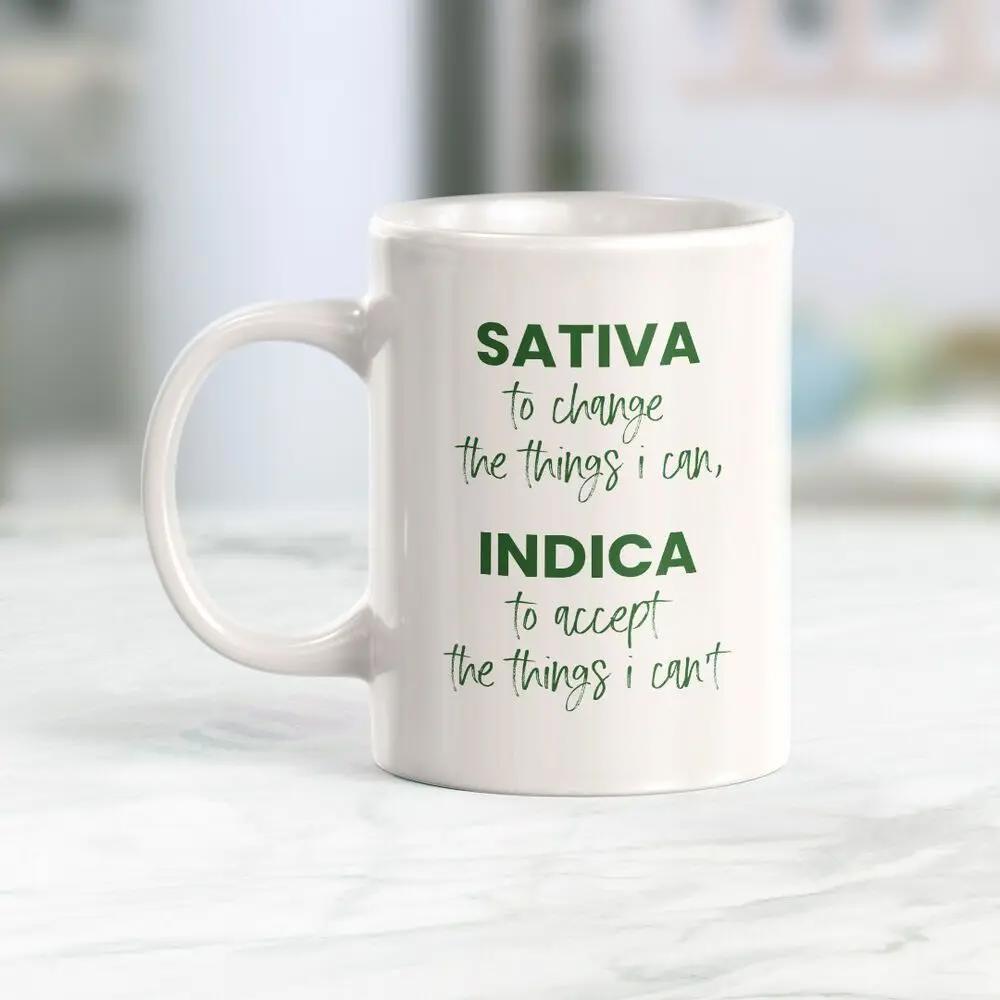 Tailorly White Ceramic 11 oz Mug - Sativa To Change The Things I Can Indica To Accept The Things I Can't Simple White Ceramic Vessel With Artistic Green Typography
