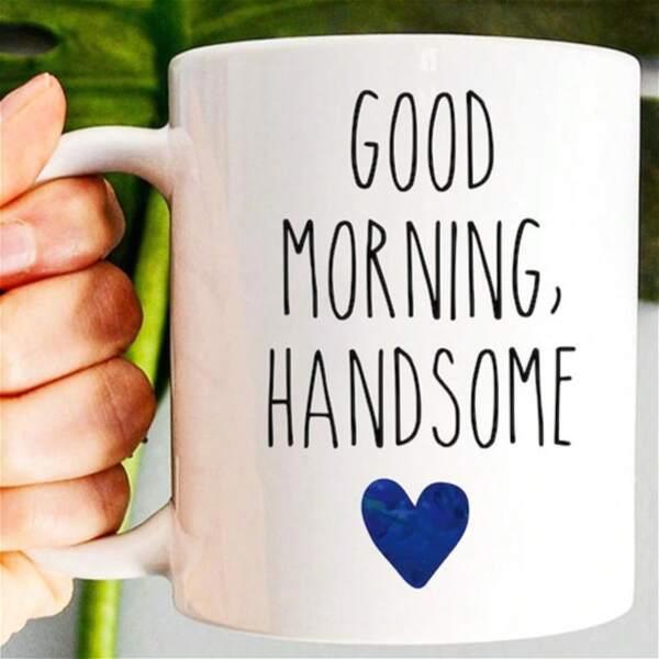 Tailorly White Ceramic 11 oz Mug - Good Morning Handsome Minimalist Blue Heart Featuring Simple Elegant Tall Handwritten Style Heart
