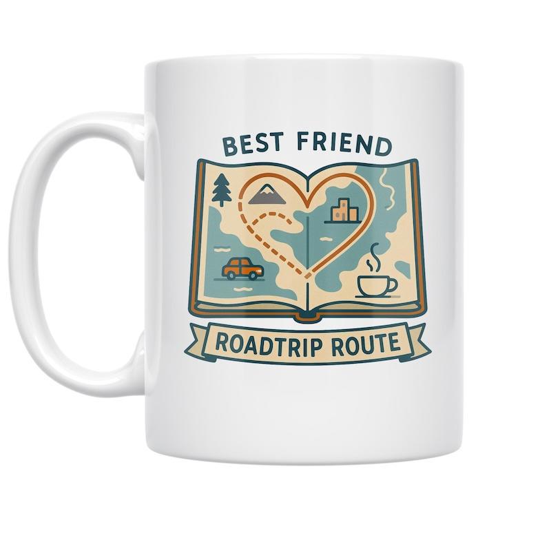 Tailorly White Ceramic 11 oz Mug - Best Friend Roadtrip Route Vintage Adventure Illustration With Heart Path Inside An Open Map