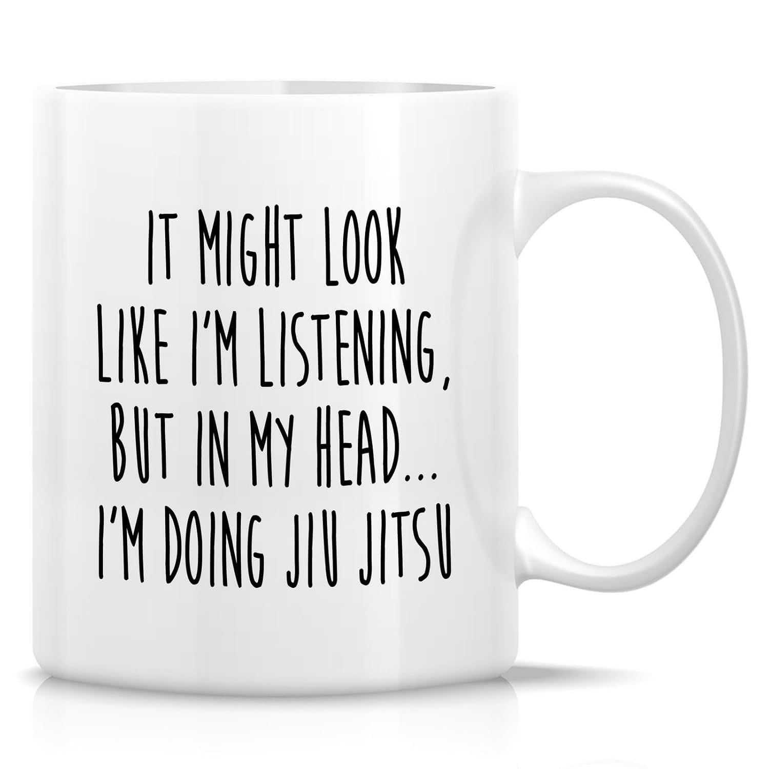 Tailorly White Ceramic 11 oz Mug - It Might Look Like Im Listening But In My Head Im Doing Jiu Jitsu Simple Minimalist White Ceramic With Bold Black Hand Drawn