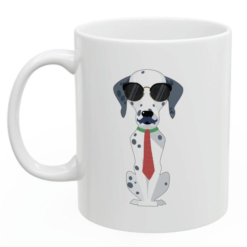 Tailorly White Ceramic 11 oz Mug - Stylish Spotted Dog Wearing Dark Sunglasses And Bold Red Tie Dalmatian