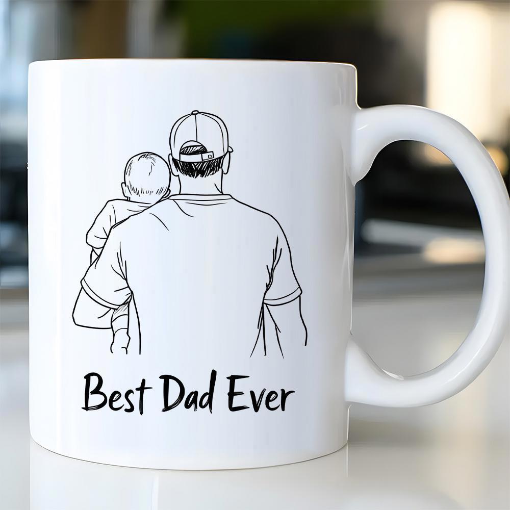Tailorly White Ceramic 11 oz Mug - Best Dad Ever Minimalist Black Line Art Father Carrying Child On His Shoulder Father