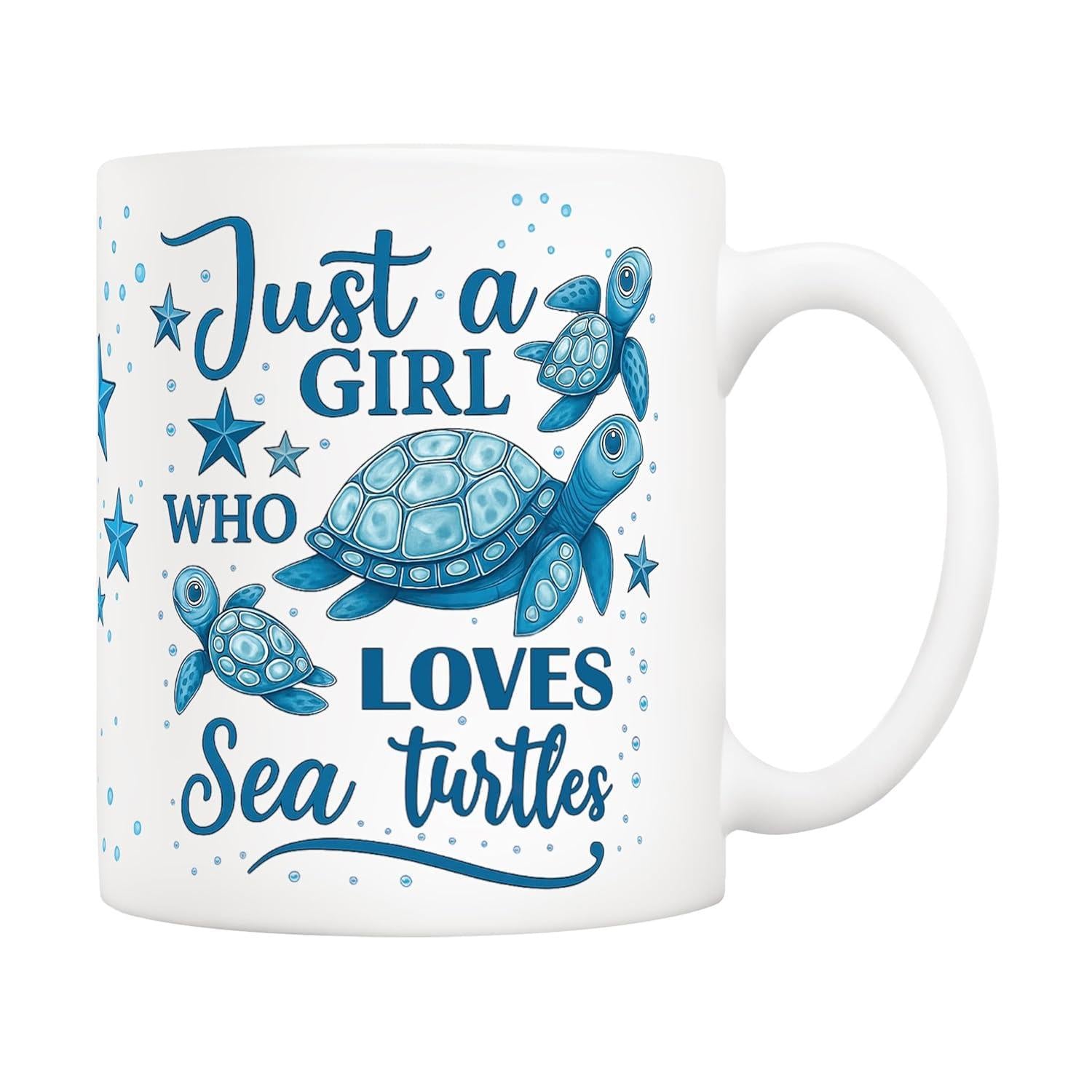 Tailorly White Ceramic 11 oz Mug - Just A Girl Who Loves Sea Turtles Hand Painted Blue Ocean Creatures Swimming Among Delicate Sparkling Stars Turtle