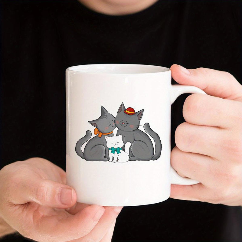 Tailorly White Ceramic 11 oz Mug - Sweet Family Of Three Cartoon Felines With Colorful Bow Ties Cats