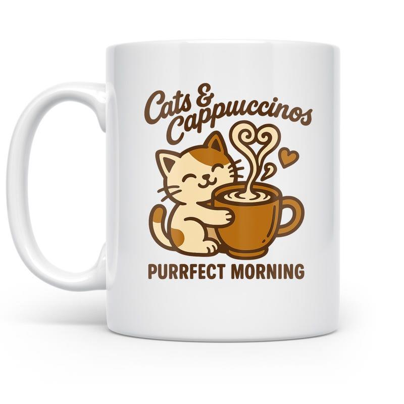 Tailorly White Ceramic 11 oz Mug - Cats Cappuccinos Purrfect Morning Adorable Calico Kitten Hugging A Steaming Brown Coffee Cup Cat