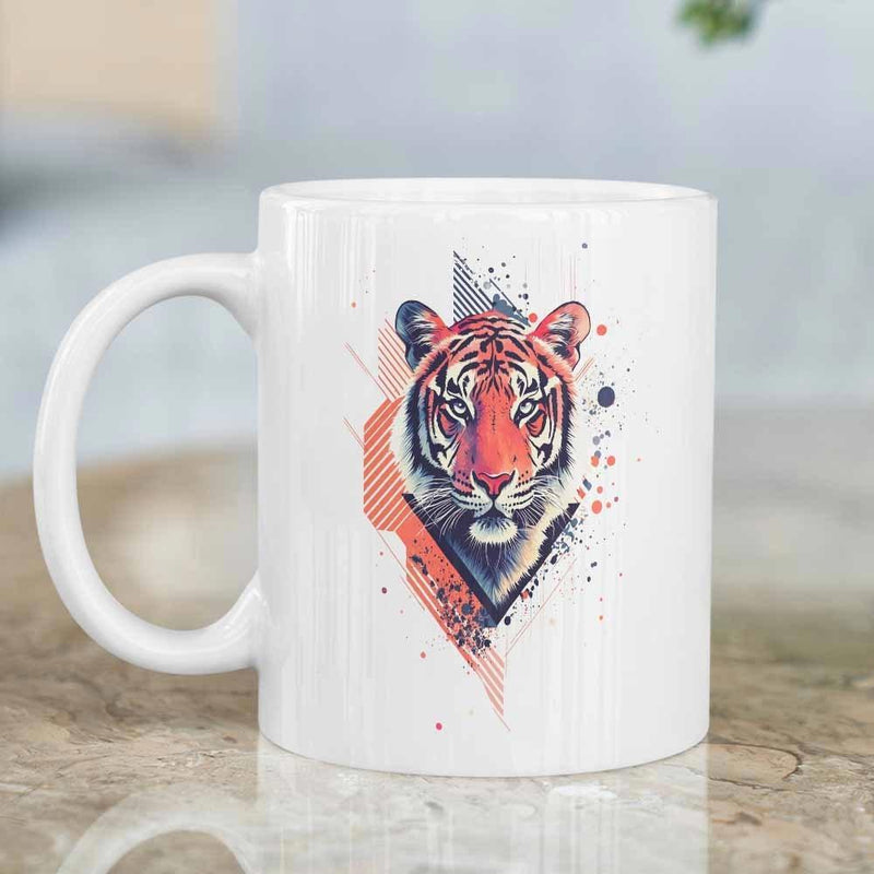 Tailorly White Ceramic 11 oz Mug - Majestic Wild Predator Head With Colorful Geometric Shards And Artistic Splatter Tiger