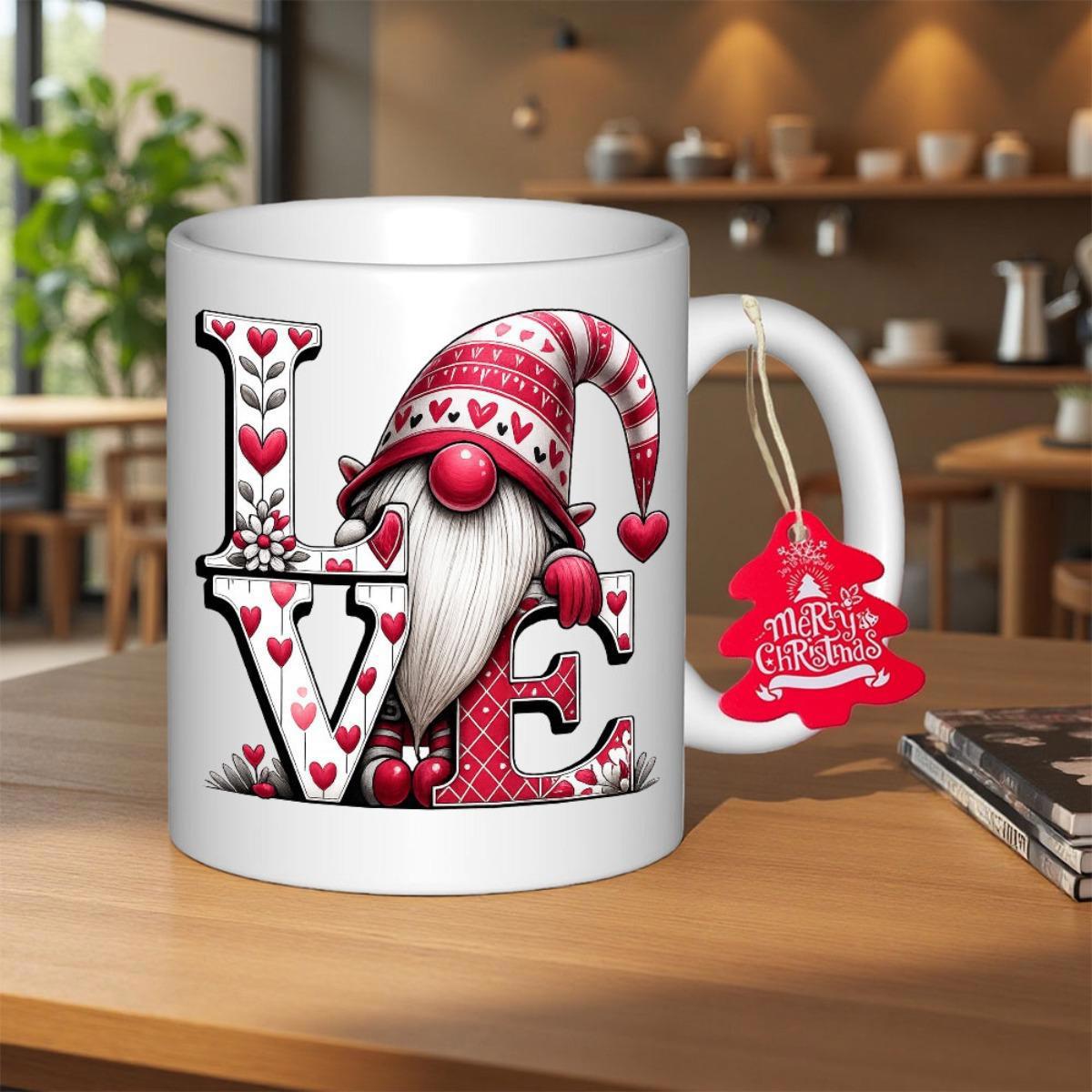 Tailorly White Ceramic 11 oz Mug - Love Festive Holiday Character Wearing Red Heart Patterned Hat Among Floral Letters Gnome