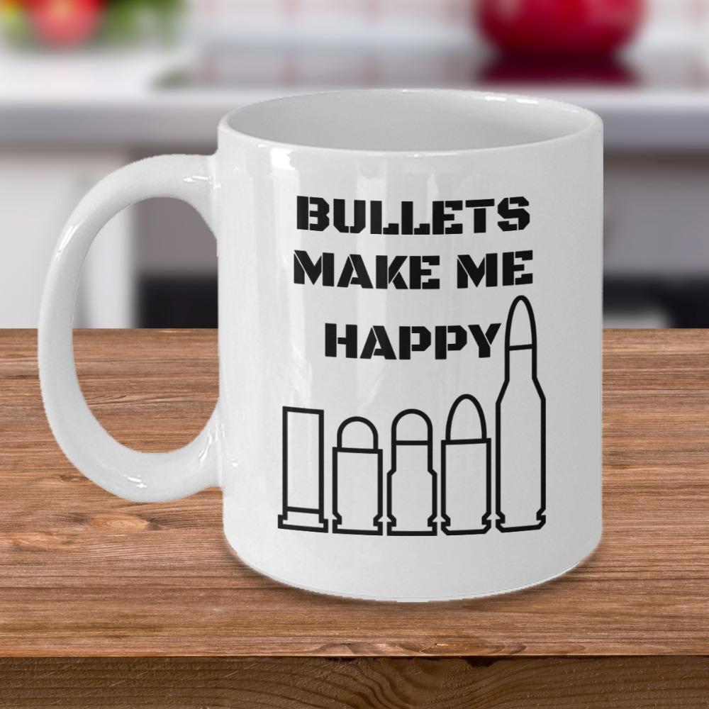Tailorly White Ceramic 11 oz Mug - Bullets Make Me Happy Various Outlined Shapes Of Ammunition Arranged In A Straight Row Bullet