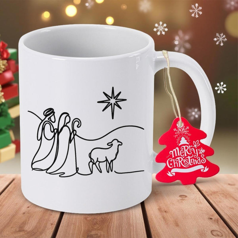Tailorly White Ceramic 11 oz Mug - Merry Christmas Minimalist Line Art Featuring Holy Family Under Shining Star Nativity