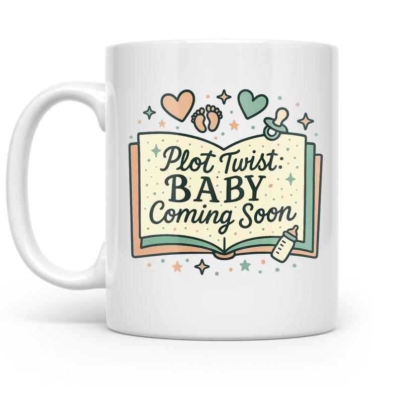 Tailorly White Ceramic 11 oz Mug - Plot Twist Baby Coming Soon Illustrated Open Book With Soft Pastel Colors And Cute Icons Book