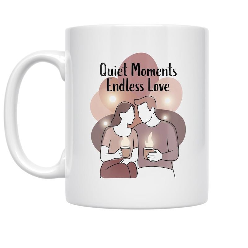 Tailorly White Ceramic 11 oz Mug - Quiet Moments Endless Love Minimalist Illustration Of A Man And Woman Holding Warm Steaming Mugs Couple