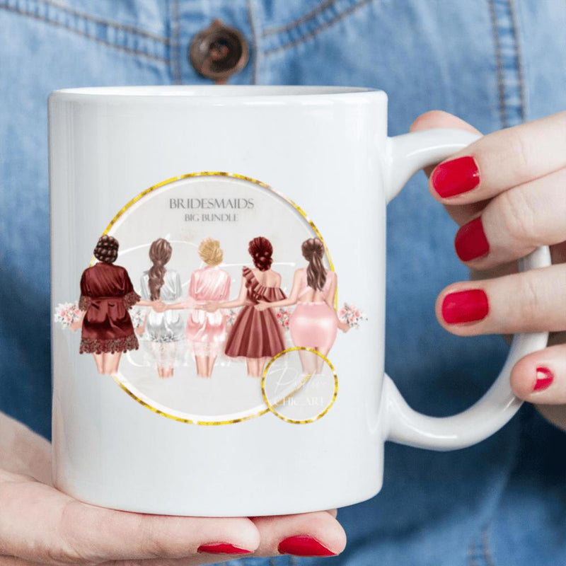 Tailorly White Ceramic 11 oz Mug - Bridesmaids Five Elegant Women Standing Together Inside A Golden Floral Circle Frame Bridesmaids