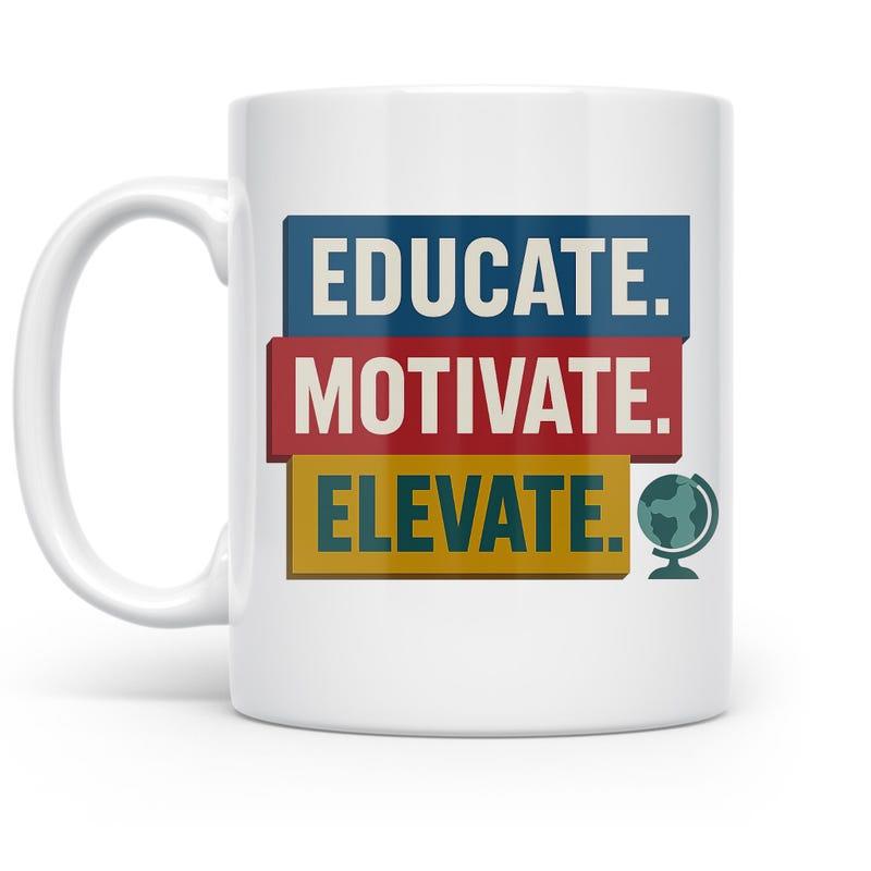 Tailorly White Ceramic 11 oz Mug - Educate Motivate Elevate Vibrant Colored Blocks With A Small Minimalist Scientific Spinning Earth Globe