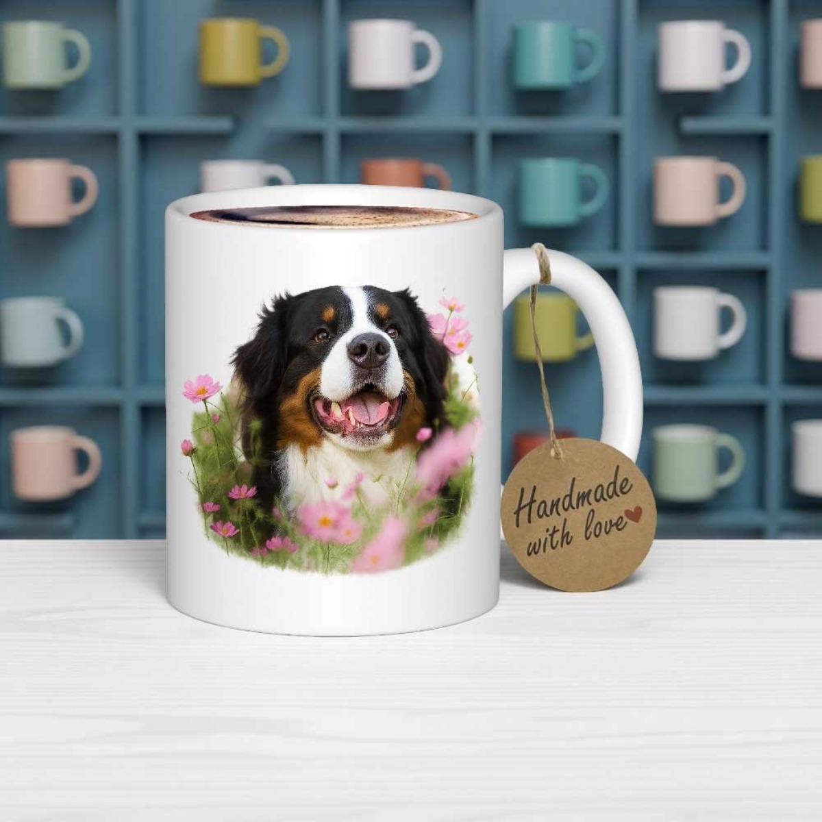 Tailorly White Ceramic 11 oz Mug - Happy Bernese Mountain Dog Smiling Among Beautiful Pink Spring Floral Blossoms Dog