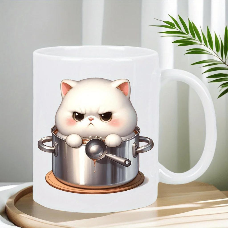Tailorly White Ceramic 11 oz Mug - Adorable Grumpy White Kitten Sitting Inside A Shiny Metal Cooking Pot Cat