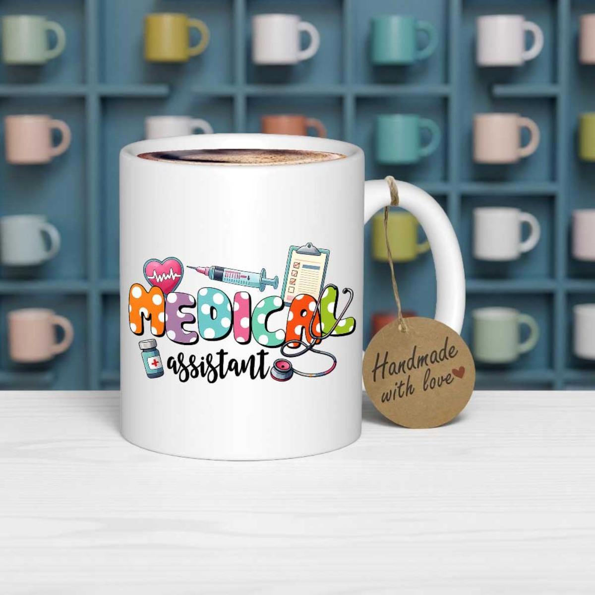 Tailorly White Ceramic 11 oz Mug - Medical Assistant Colorful Polka Dot Letters With Syringe Heart And Stethoscope Medical Assistant