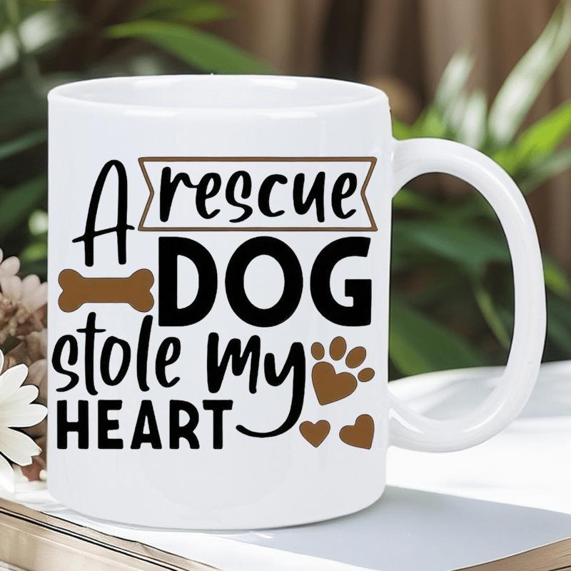 Tailorly White Ceramic 11 oz Mug - A Rescue Dog Stole My Heart Minimalist Paw Prints And Bone Icons Arranged With Script Typography Mug