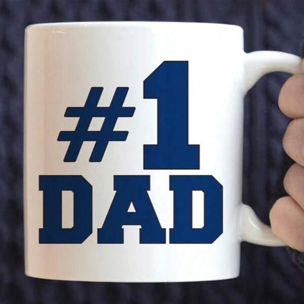 Tailorly White Ceramic 11 oz Mug - Number One Dad Classic Bold Block Letters Styled In Traditional Navy Blue Collegiate Font Sign
