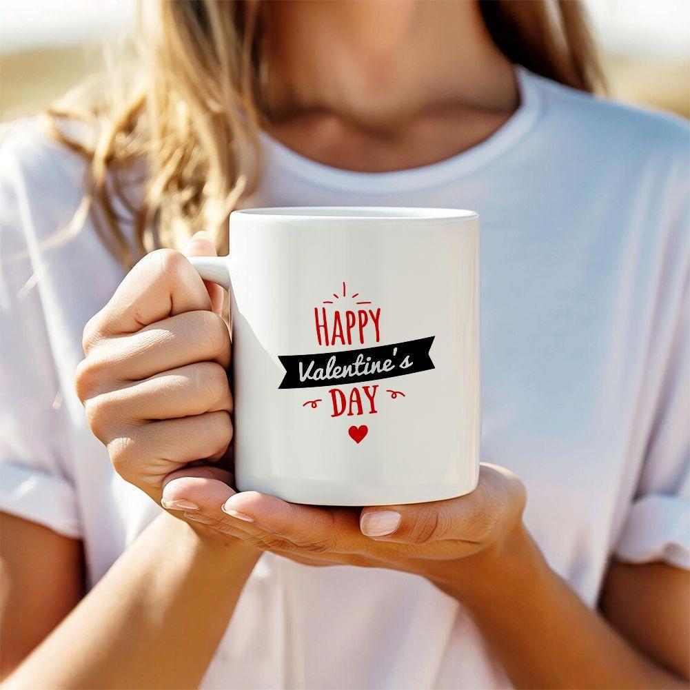 Tailorly White Ceramic 11 oz Mug - Happy Valentine's Day Minimalist White Ceramic Cup With Decorative Red Heart Pattern Mug