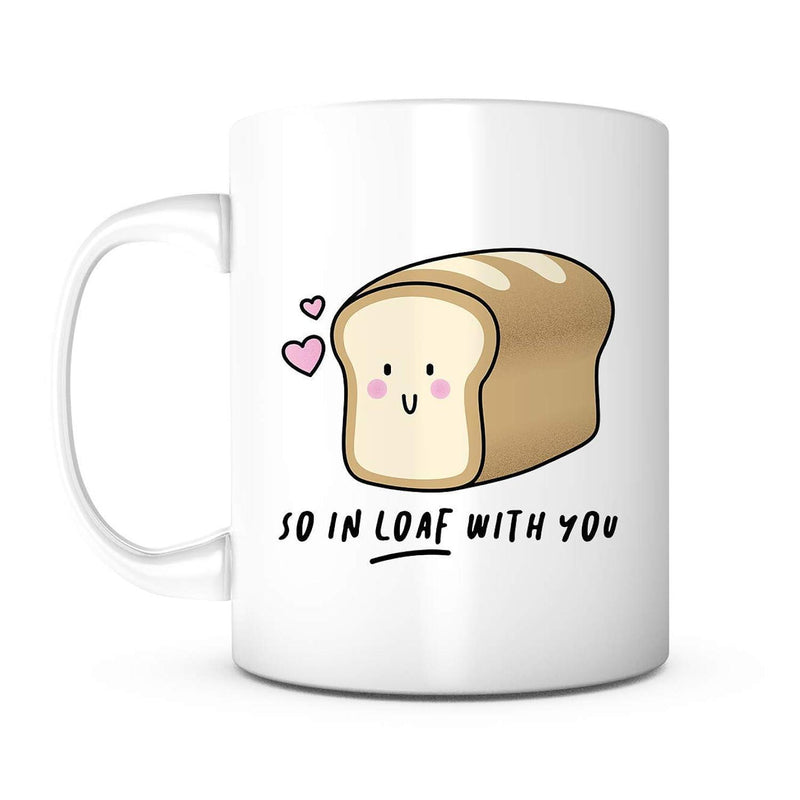 Tailorly White Ceramic 11 oz Mug - So In Loaf With You Adorable Smiling Sliced Toast Surrounded By Tiny Floating Pink Hearts Bread