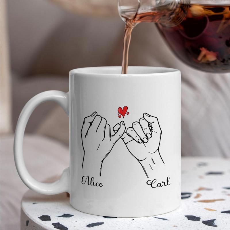 Tailorly White Ceramic 11 oz Mug - Alice Carl Elegant Minimalist Line Art Hands Making A Tender Pinky Promise Gesture