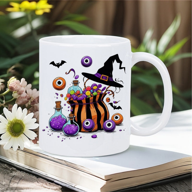 Tailorly White Ceramic 11 oz Mug - Spooky Halloween Witch Hat Surrounded By Magic Potions And Eyeballs Bag