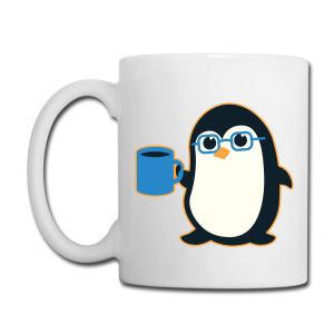 Tailorly White Ceramic 11 oz Mug - Adorable Cartoon Bird Wearing Blue Glasses Holding A Small Coffee Mug Penguin