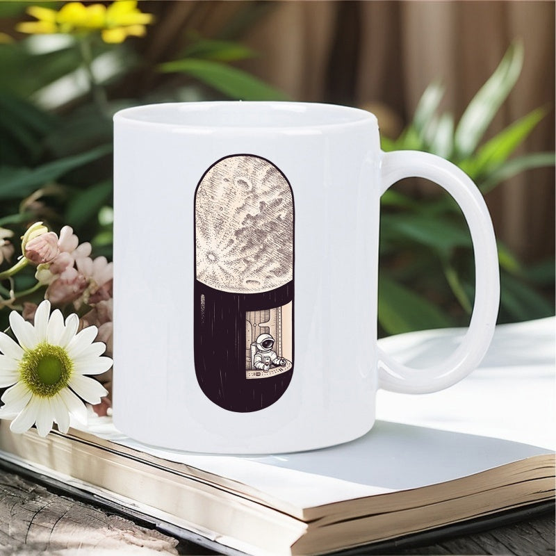 Tailorly White Ceramic 11 oz Mug - Whimsical Tiny Astronaut Peering Out Window Of Capsule Near Detailed Cratered Moon Astronaut