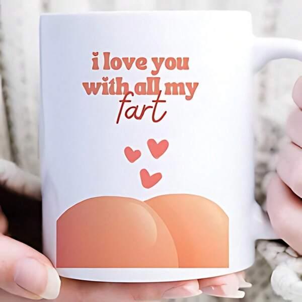 Tailorly White Ceramic 11 oz Mug - I Love You With All My Fart Humorous Cartoon Buttocks With Three Floating Red Heart