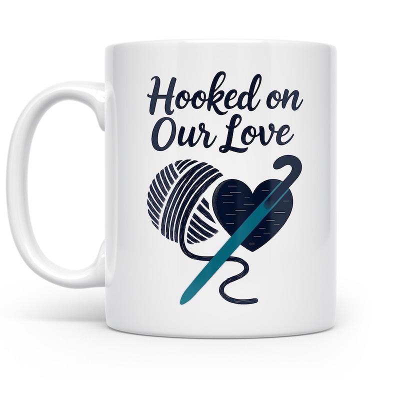 Tailorly White Ceramic 11 oz Mug - Hooked On Our Love Ball Of Yarn And Crochet Hook Through A Heart