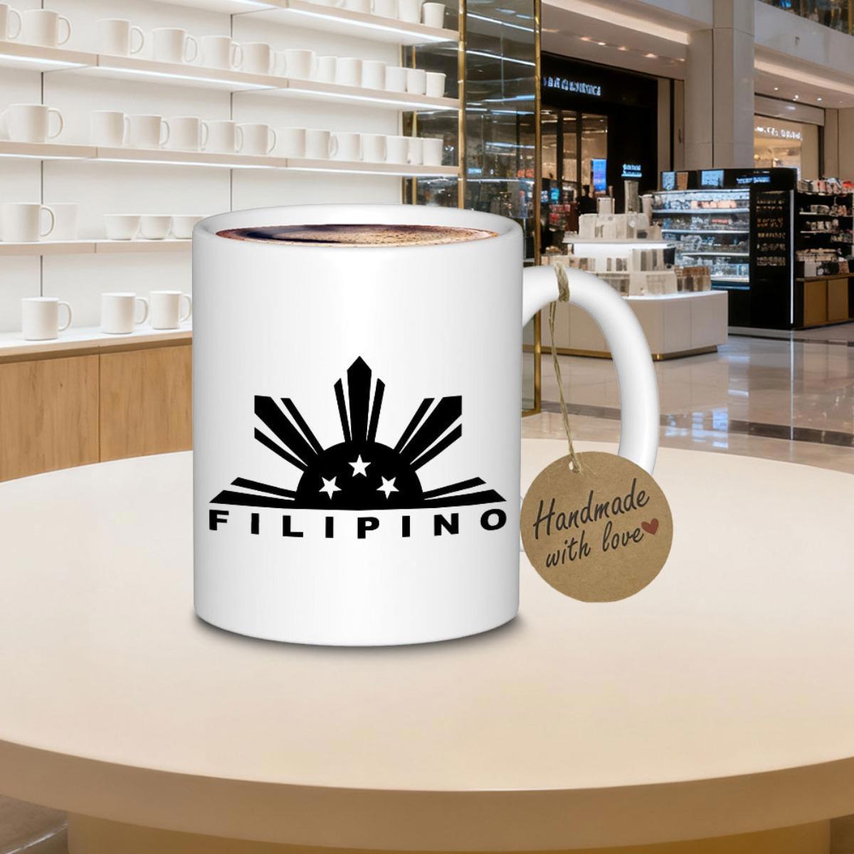 Tailorly White Ceramic 11 oz Mug - Filipino National Iconic Eight Rayed Sun With Three Stars Representing Heritage Identity Sun