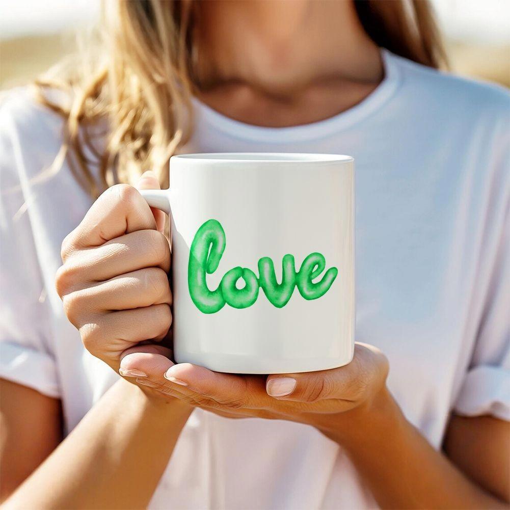 Tailorly White Ceramic 11 oz Mug - Love Vibrant Green Bubble Lettering Set Within A Playful Artistic Hand Drawn Design