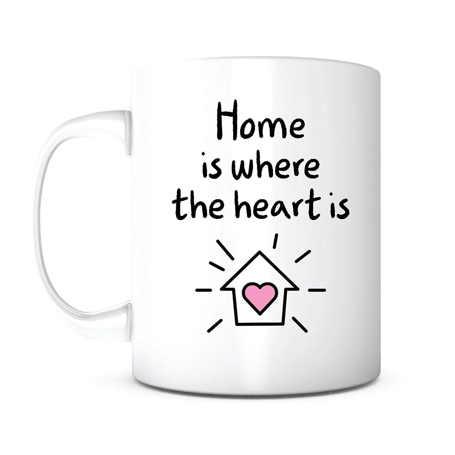 Tailorly White Ceramic 11 oz Mug - Home Is Where The Heart Is Simple Minimalist Line Drawing Of A Cozy Dwelling With Radiating Warmth House