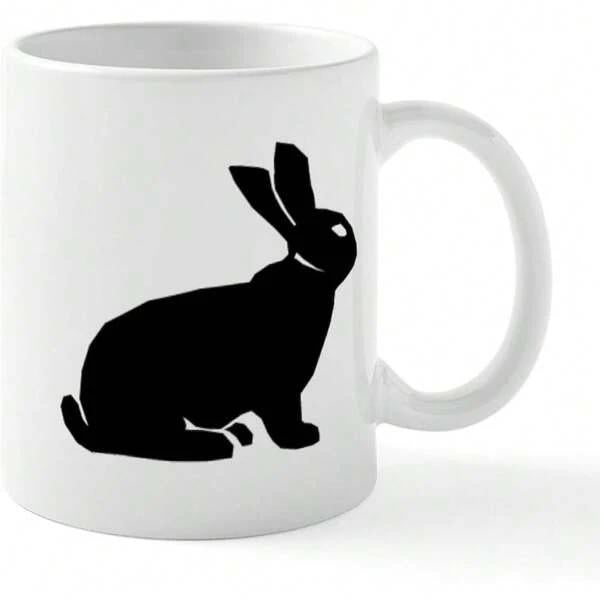 Tailorly White Ceramic 11 oz Mug - Simple Black Silhouette Sitting On A White Surface Resting Peaceful Rabbit