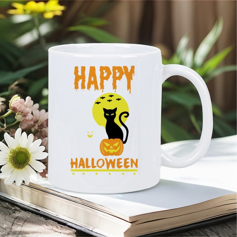 Tailorly White Ceramic 11 oz Mug - Happy Halloween Spooky Silhouette Of Black Cat Sitting Upon Carved Pumpkin Moon Cat