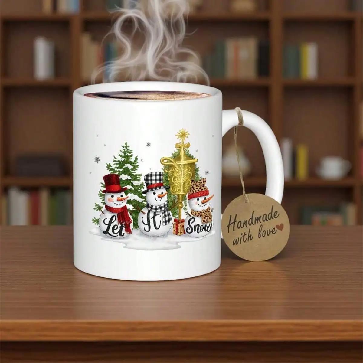 Tailorly White Ceramic 11 oz Mug - Let It Snow Festive Winter Scene With Three Charming Scarved Snowmen