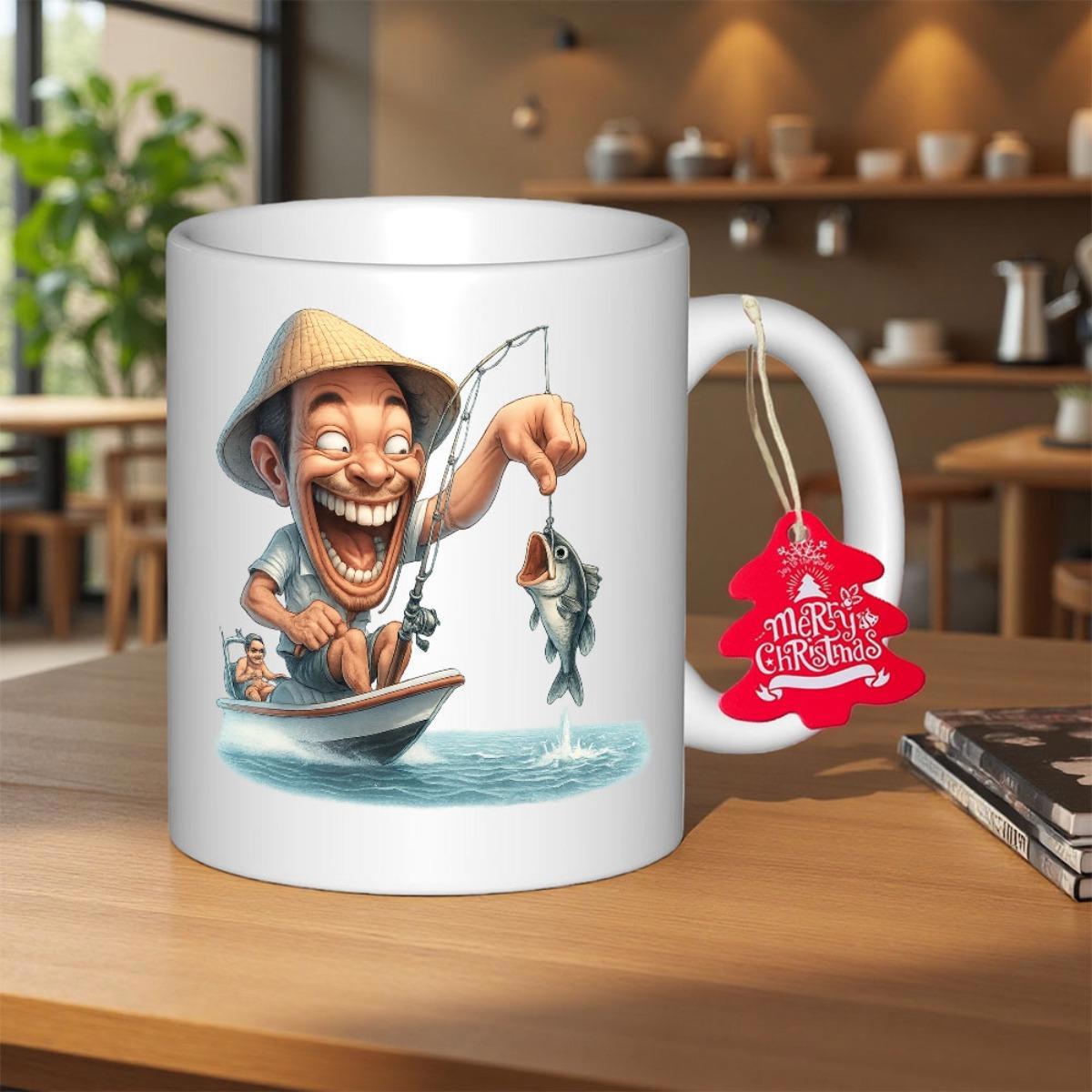 Tailorly White Ceramic 11 oz Mug - Merry Christmas Happy Man Catching Large Fish From Small Boat On Shimmering Water Fisherman