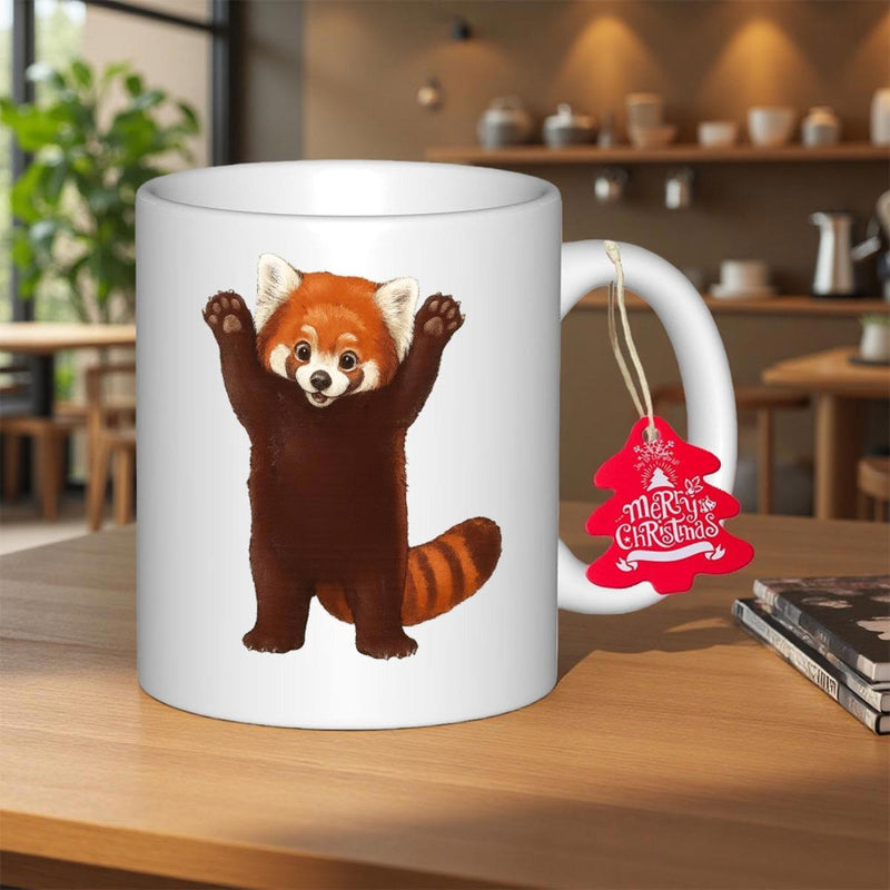 Tailorly White Ceramic 11 oz Mug - Merry Christmas Adorable Fluffy Creature Standing With Paws Raised In Surprise Red Panda