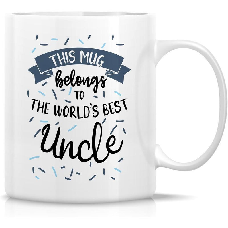 Tailorly White Ceramic 11 oz Mug - This Mug Belongs To The World's Best Uncle Festive Blue Banner With Scattered Confetti Surrounding Sentimental Typography Mug