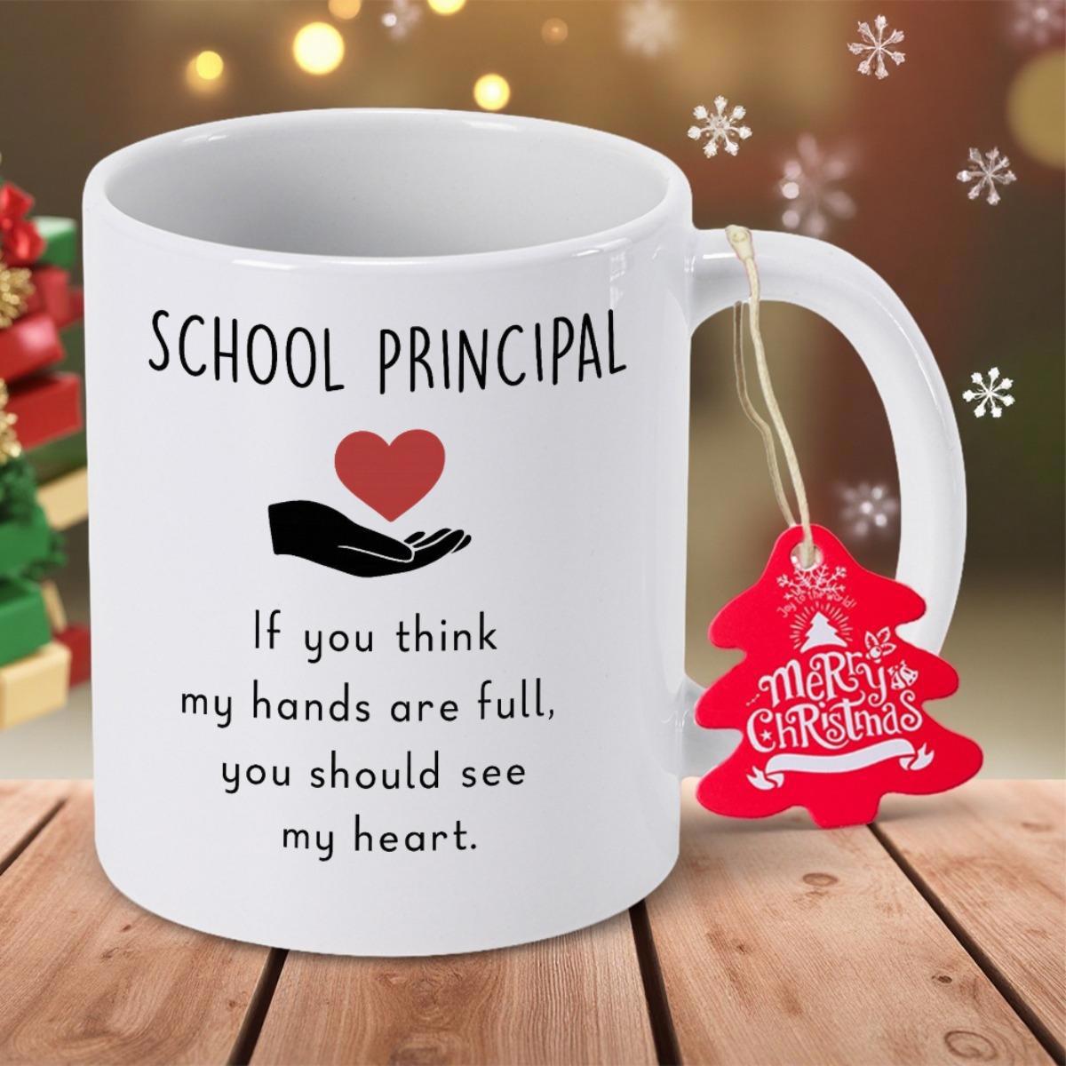 Tailorly White Ceramic 11 oz Mug - School Principal If You Think My Hands Are Full You Should See My Heart Minimalist Black Hand Supporting A Radiant Red Heart