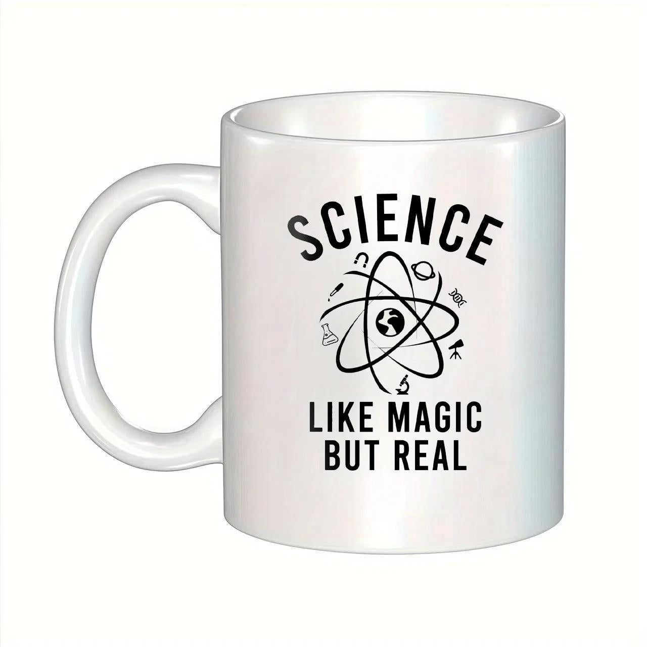 Tailorly White Ceramic 11 oz Mug - Science Like Magic But Real Scientific Representation Featuring Circular Orbits And Small Lab Icons Atom