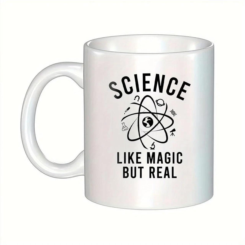 Tailorly White Ceramic 11 oz Mug - Science Like Magic But Real Scientific Representation Featuring Circular Orbits And Small Lab Icons Atom