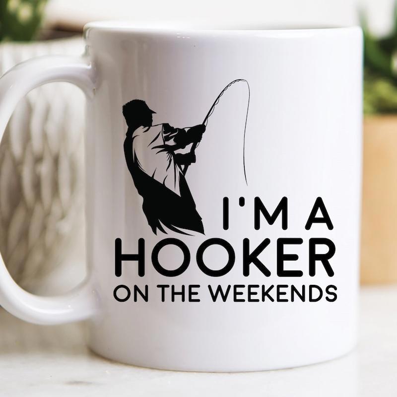 Tailorly White Ceramic 11 oz Mug - I'm A Hooker On The Weekends Classic Black Silhouette Of A Determined Fisherman Casting A Fishing Rod Fisherman