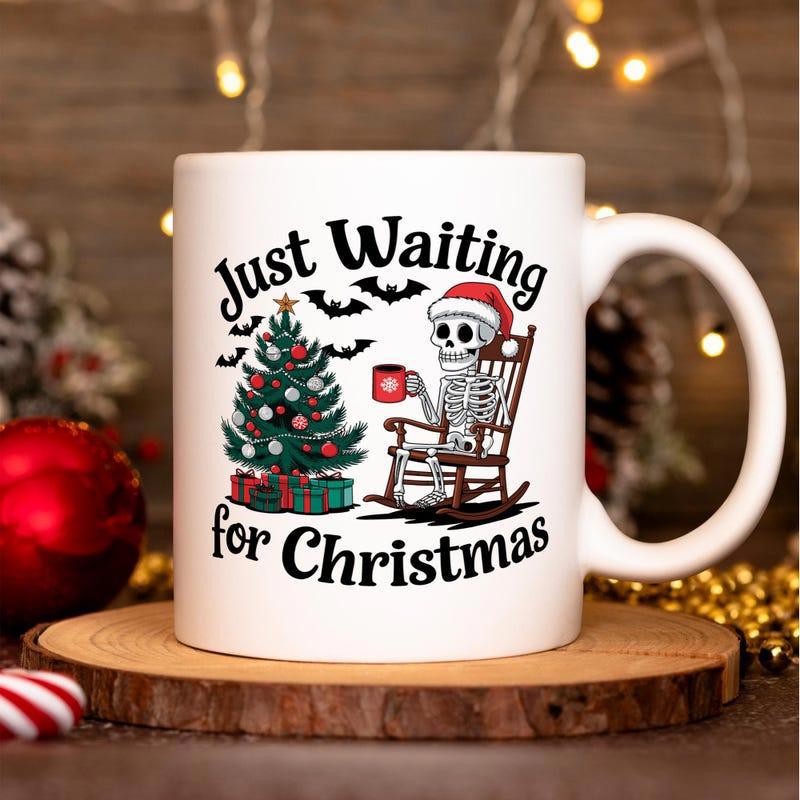 Tailorly White Ceramic 11 oz Mug - Just Waiting For Christmas Relaxing In Rocking Chair Next To Festive Decorated Tree Skeleton