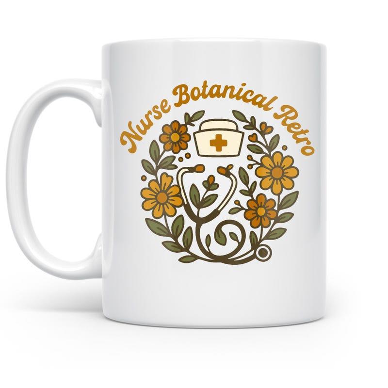 Tailorly White Ceramic 11 oz Mug - Nurse Botanical Retro Vintage Floral Wreath With Medical Tools And Blooming Wildflowers Stethoscope